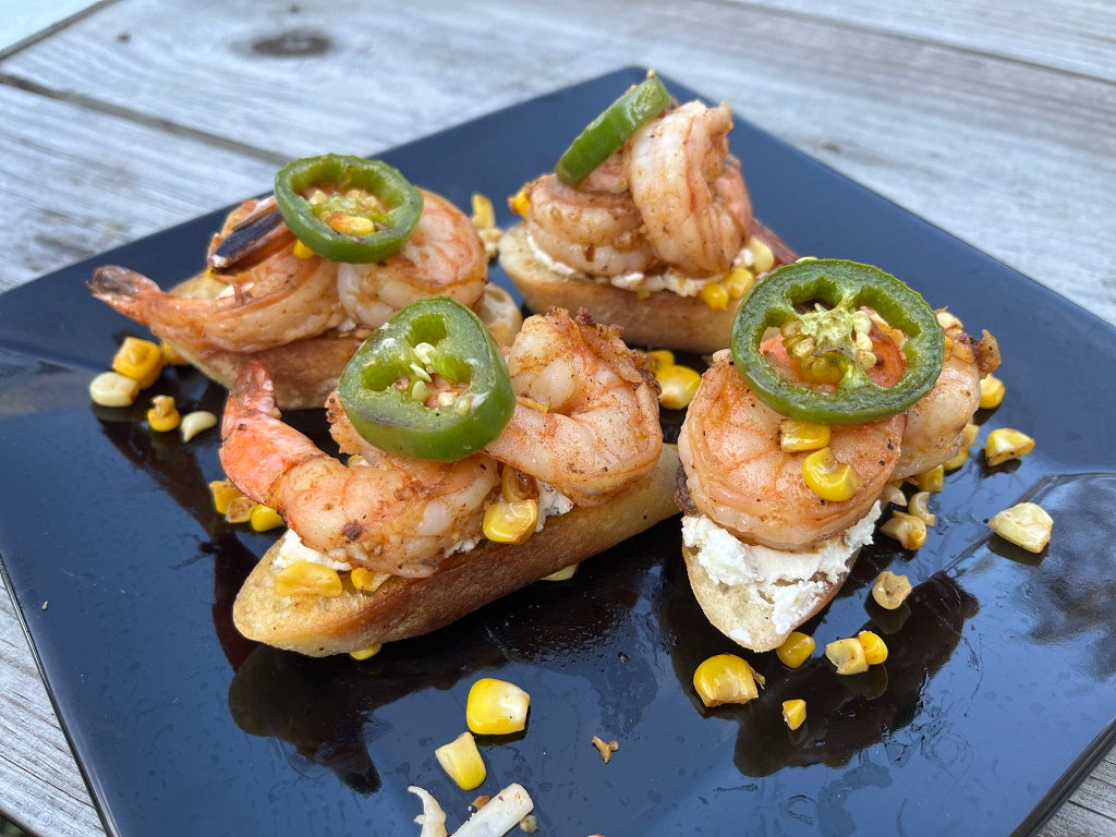 Cajun Shrimp & Goat Cheese Crostini with a Corn Relish