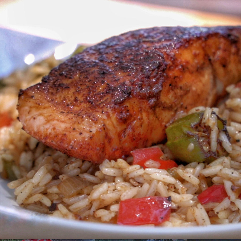 Whiskey-Honey Salmon with Cajun Stir Fried Rice