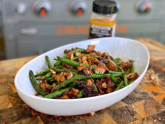 Bacon Fried Green Beans with Brown Sugar Bourbon Pecans