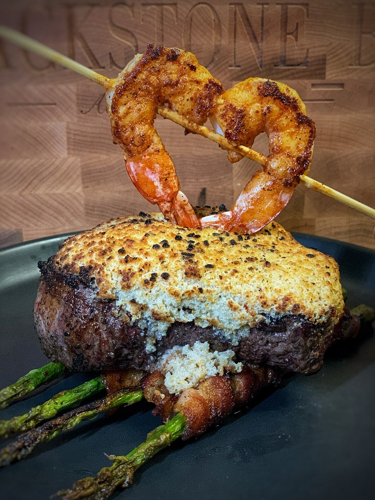 Blackened Fillet with Cajun Shrimp Heart and Asparagus