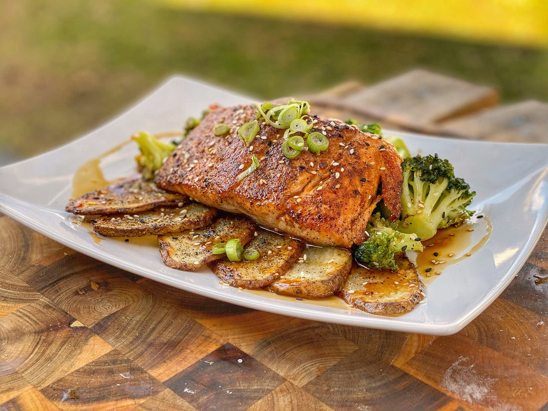 Tamari Ponzu Salmon with Sweet Chili Broccoli and Potato Crisps