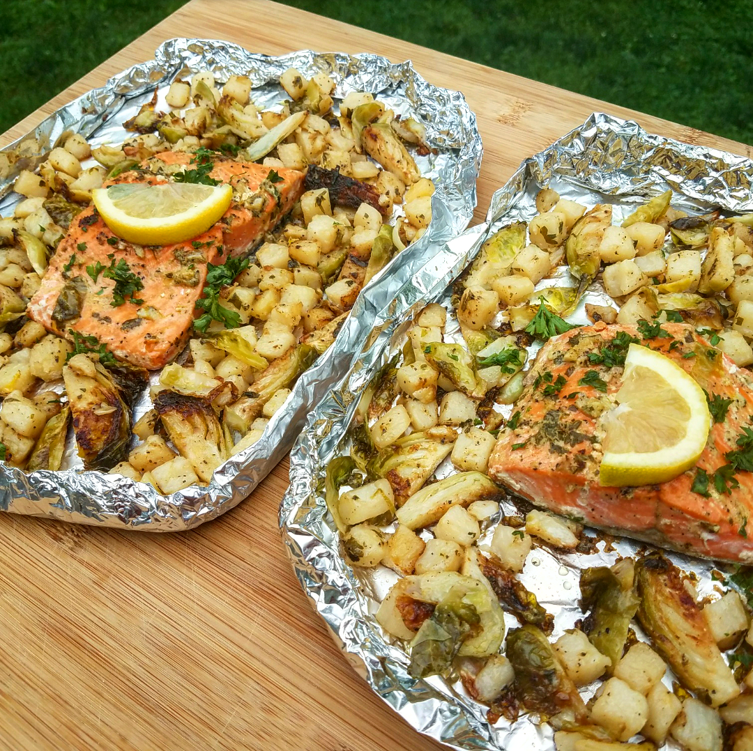 Salmon Potato and Brussels Sprout Boats