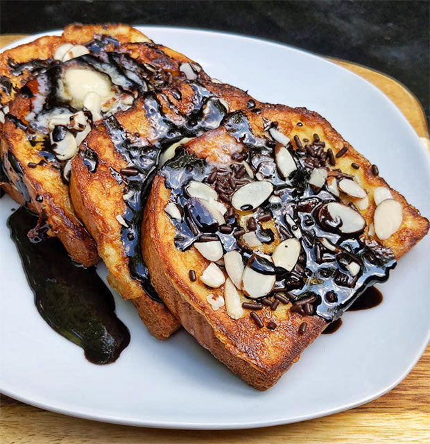 Amaretto Brioche French Toast with Chocolate Syrup